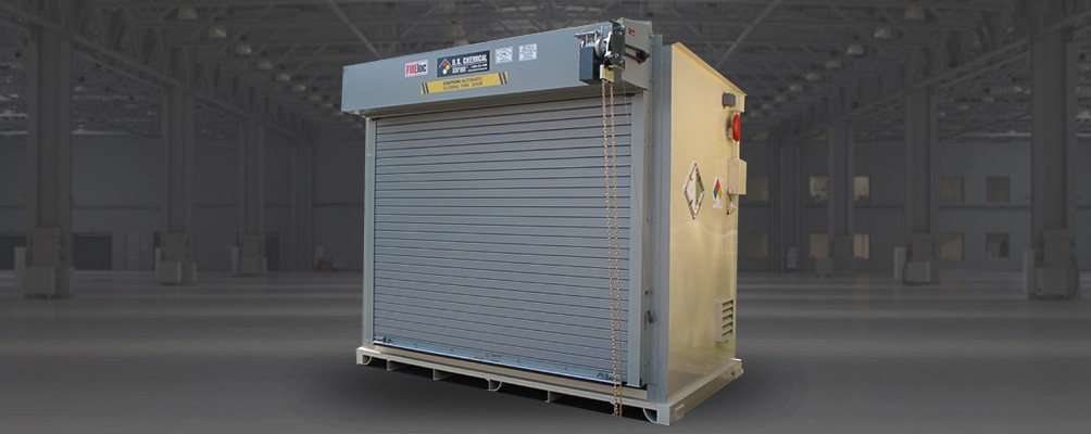 Fire Rated Chemical Storage Building with single roll up garage door accessory and fire alarm system by US Chemical Storage