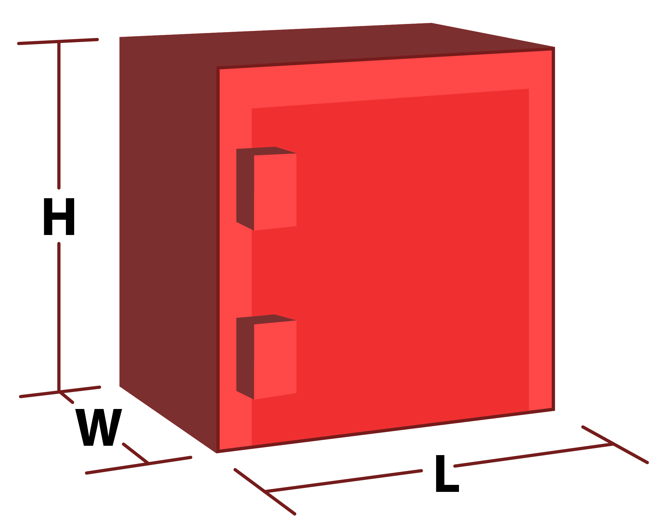 Diagram of a bright red explosive storage magazine with height, width, and length directions