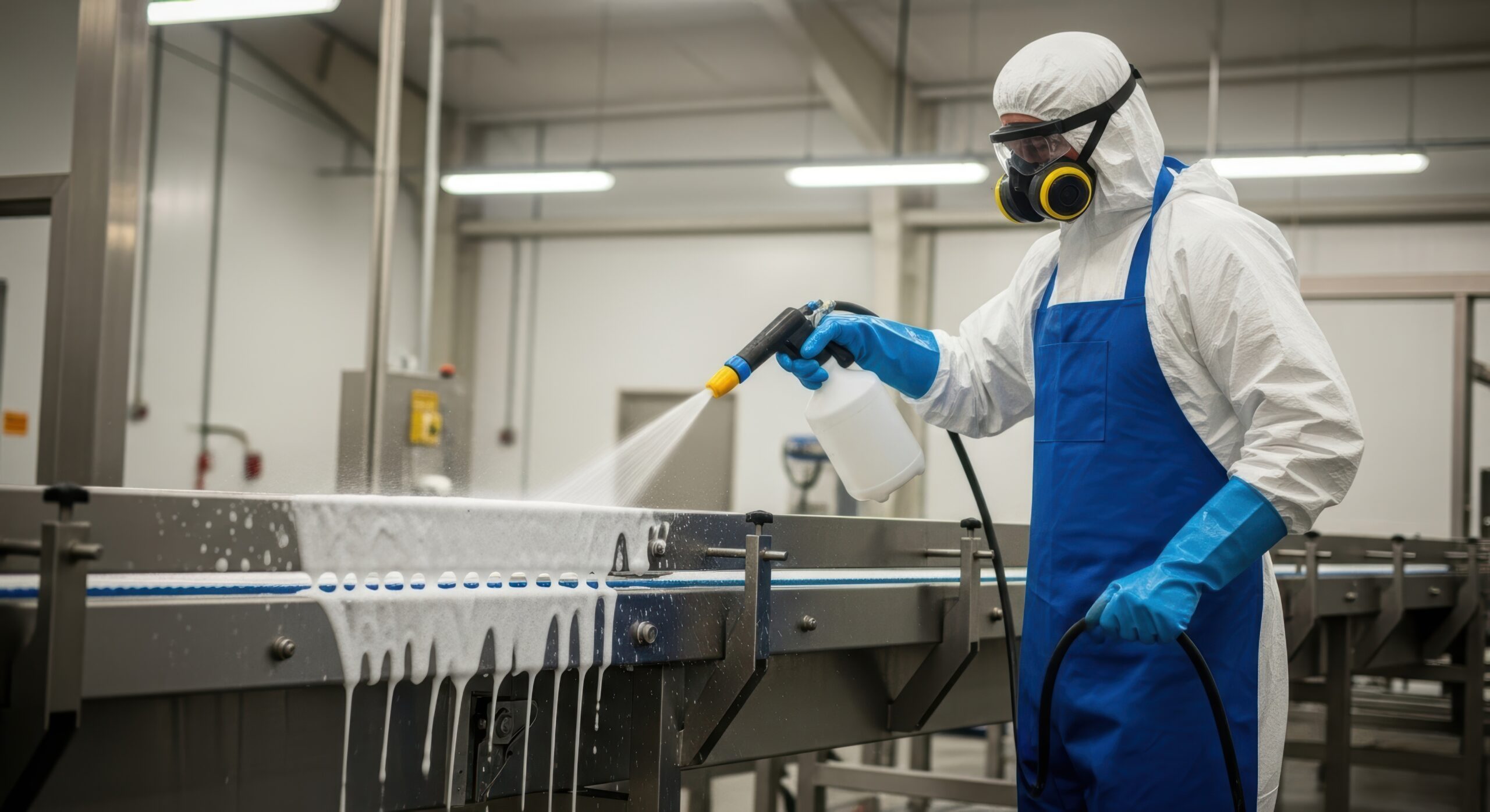 Food and Beverage Manufacturing Employee in full protective garb hosing down a production line with cleaner and disenfectant