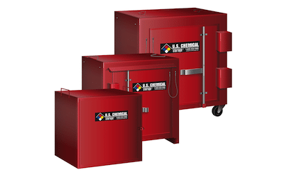 Three bright red explosive storage magazines in small, medium, and large sizes