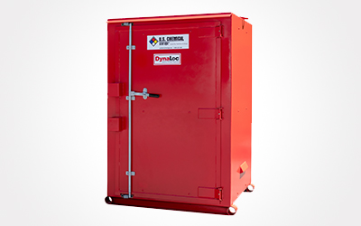 A red DynaLoc Explosive Magazine from US Chemical Storage with cam-lock latch closure and double-lock hood for security