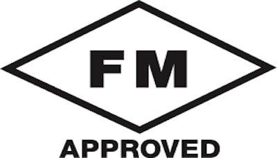 Boldface black letters displaying the phrase FM approved inside a diamond outline