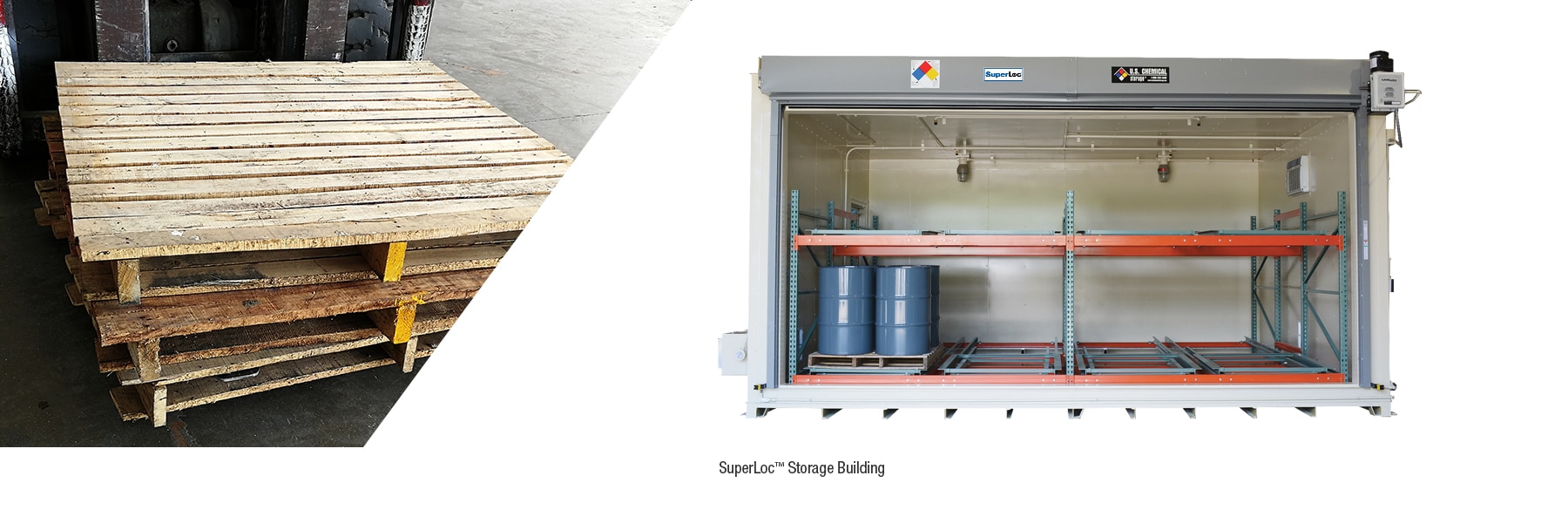 Pallets and a pallet storage building from U.S. Chemical Storage.