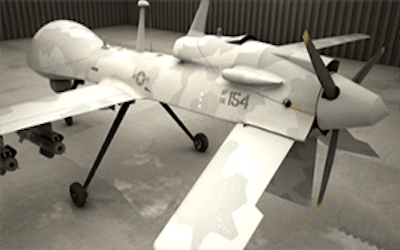 White military drone aircraft sitting in a hangar