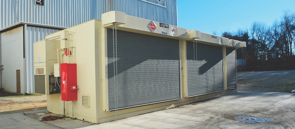 exterior view of a chemical storage building, which can be used to safely store paint, other hazardous chemicals