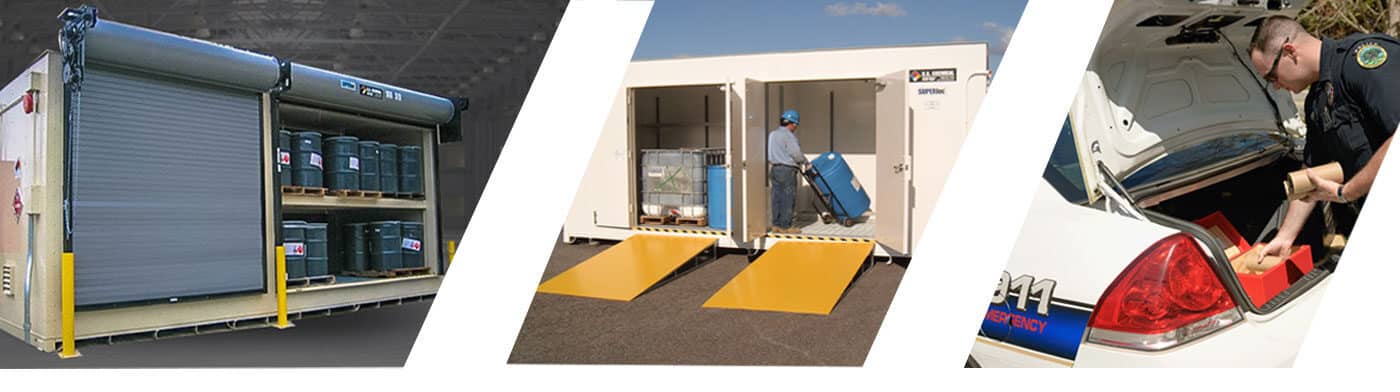 Left to right: a metal chemical storage unit, a man loading a barrel into a storage unit, a policeman loading a day box in a car