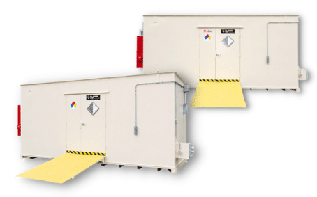 Two light brown U.S. Chemical Storage ready-to-ship buildings with a yellow ramp, ventilation and fire suppression