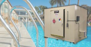 Large non-residential resort swimming pool with a U.S. Chemical Storage building for storing toxic pool chemicals