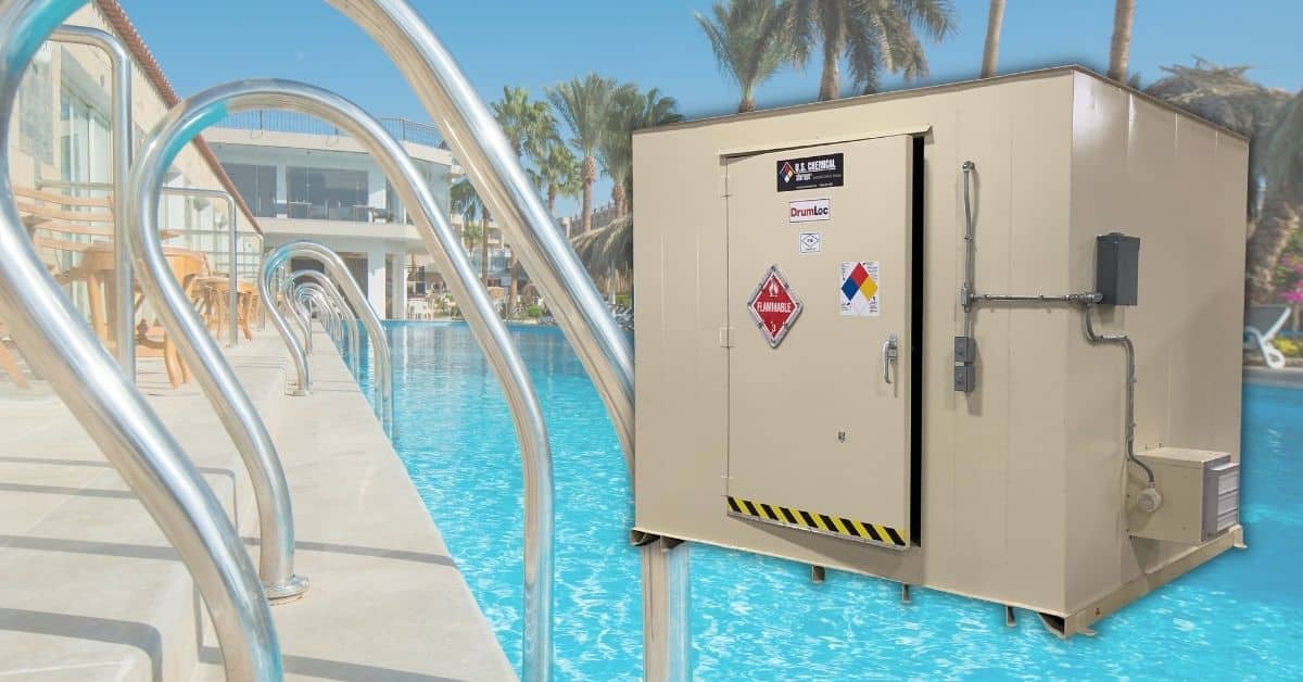 Large non-residential resort swimming pool with a U.S. Chemical Storage building for storing toxic pool chemicals