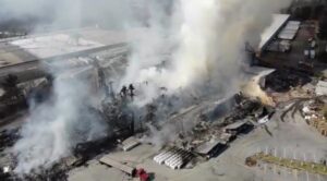 Aerial photo of devastated Weaver Fertilizer Plant after 2022 fire