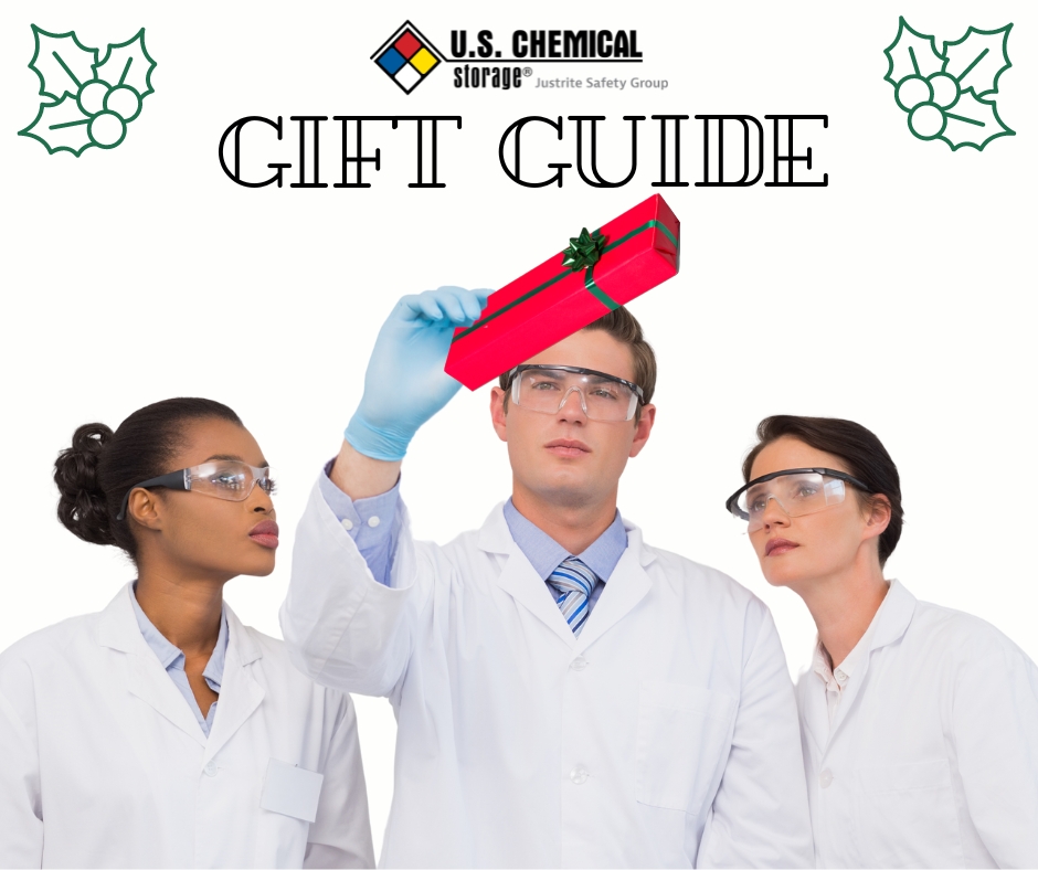 Scientists evaluating a holiday present carefully in lab coats, gloves, and goggles
