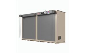 Two-level hazmat and flammable chemical storage building with two manual roll up doors