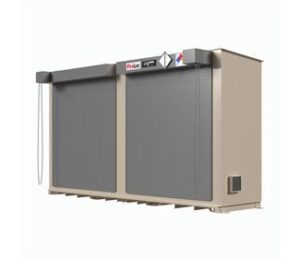 Two-level hazmat and flammable chemical storage building with two manual roll up doors