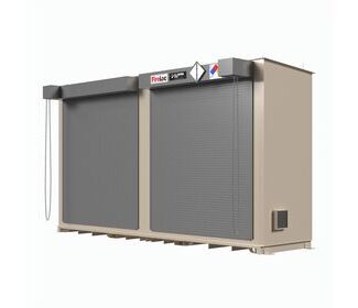 Two-level hazmat and flammable chemical storage building with two manual roll up doors