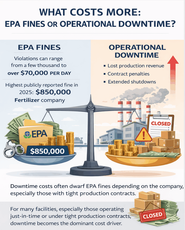 infographic of Scales weighing the "costs" of fines and charges from regulatory bodies versus the factory downtime and customer profit loss