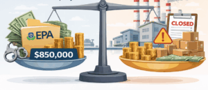 Scales weighing the "costs" of fines and charges from regulatory bodies versus the factory downtime and customer profit loss