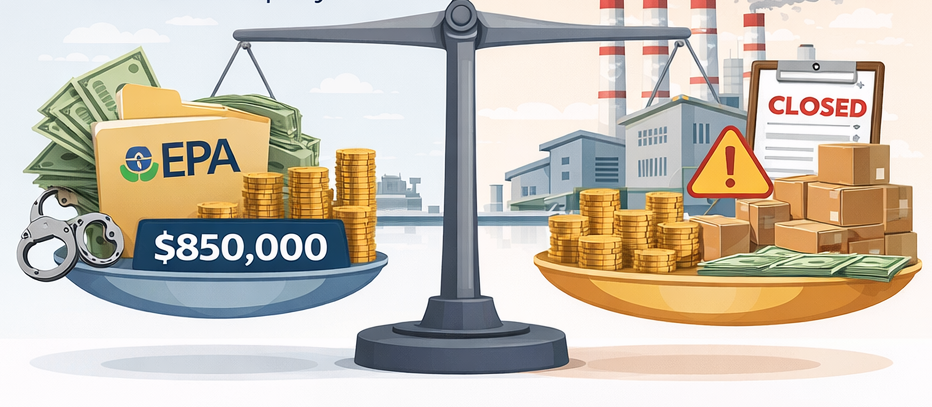 Scales weighing the "costs" of fines and charges from regulatory bodies versus the factory downtime and customer profit loss