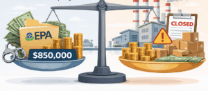 Scales weighing the "costs" of fines and charges from regulatory bodies versus the factory downtime and customer profit loss
