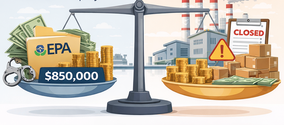 Scales weighing the "costs" of fines and charges from regulatory bodies versus the factory downtime and customer profit loss