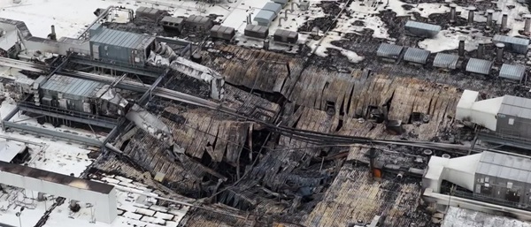 Arial View of Burned Factory and collapsed roof of Ohio Koch Foods Poultry Plant on February 13, 2026