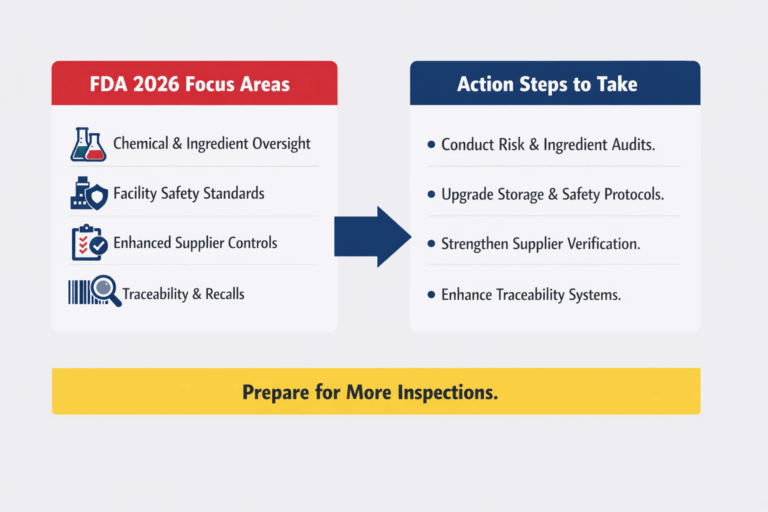 Chart showing the FDA initiatives for 2026 and the actions food and beverage EHS teams can begin implementing