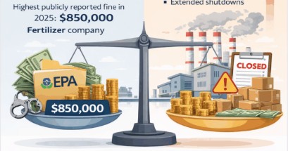 A scale with EPA fines ad criminal activity on one side and a closed factory and product stacking up on the other