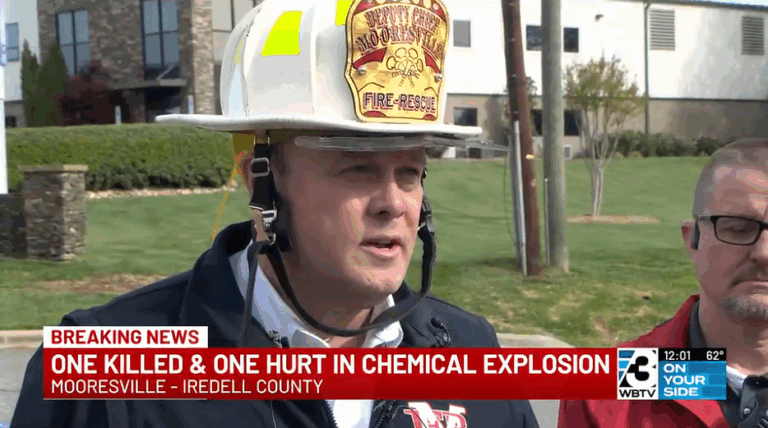 Image of Iredell Deputy Fire Chief speaking abou the Mooresville Explosion at Carolina Beverage 4/7/2026