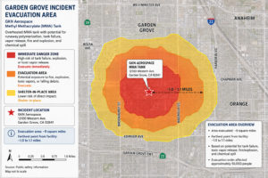 Garden Grove chemical incident map with radius of danger