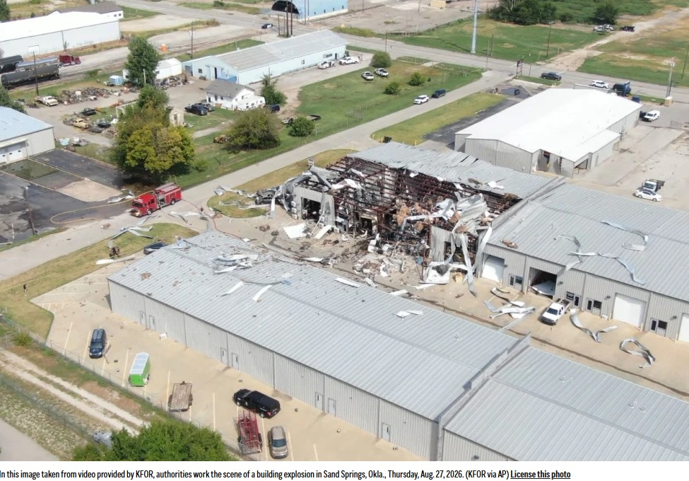 Oklahoma Sand Springs Cannabis Extraction Plant Explosion Aftermath - warehouse blown out ceiling and walls aerial view