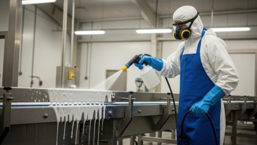 Food and Beverage Manufacturing Employee in full protective garb hosing down a production line with cleaner and disenfectant