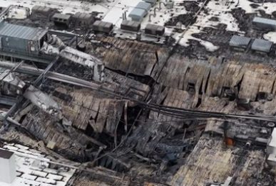 Arial View of Burned Factory and collapsed roof of Ohio Koch Foods Poultry Plant on February 13, 2026