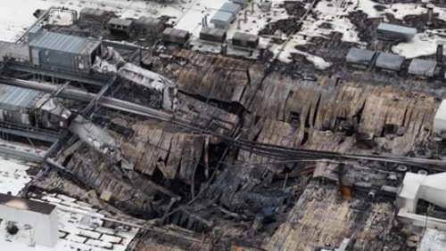 Arial View of Burned Factory and collapsed roof of Ohio Koch Foods Poultry Plant on February 13, 2026