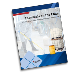Image of whitepaper cover "Chemicals on the Edge" with Food and Beverage worker cleaning facility, and a chemical drum and ICB tote in the foreground